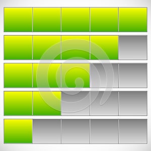 Progress, step, phase indicators. Simple 5-step progress bars.