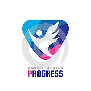 Progress - vector business logo template concept illustration. Abstract human character with wing creative sign. Positive symbol.