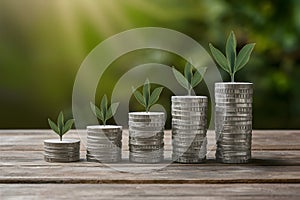 Progression of stacks on sleek office desk symbolizes financial growth