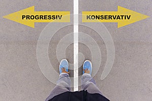 Progressiv / Konservativ, German text for progressive or conservative on asphalt ground, feet and shoes on floor photo