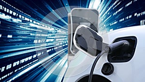 Progressive abstract electric car with technology background of binary code.