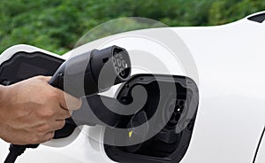 Progressive natural scenic of hand insert charging plug to EV car.