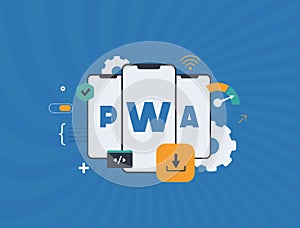 Progressive web apps trends vector illustration. Installable pwa mobile sites with offline access, bridging web and app