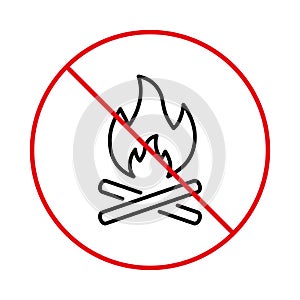 Prohibit Night Wood Campfire Stop Symbol. No Allowed Hot Warm Firewood Outline Sign. Camp Fire Burn Flame Ban Black Line