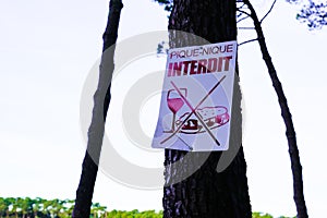 Prohibit picnic sign board on tree means in french text pique nique interdit