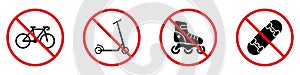 Prohibit Wheel Push Transport. Ban Rollerskate Skate Board Kick Scooter Bike Black Silhouette Icon Set. Forbid Roller
