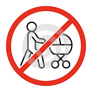 Prohibited entry for people with stroller, pedestrian danger sign. Symbol of person with baby forbidden. Restriction on