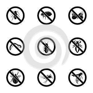 Prohibited insects icons set, simple style