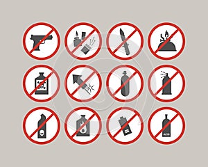 Prohibited luggage items. Airport restrictions. Dangerous stuff for airplane.