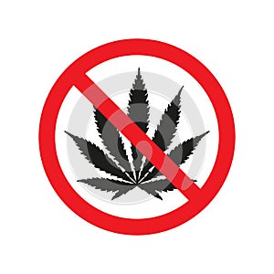 Prohibiting sign no drags with marijuana icon. Vector illustration photo