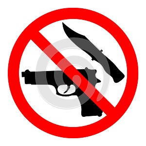 Weapon prohibited icon. Forbidding vector sign `No weapons` with gun and knife. photo