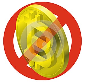 Prohibition of bitcoin coin, symbol. Cryptocurrency strict ban sign. Caution of virtual digital currency, internet investing.