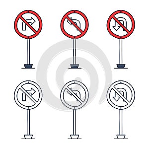 Prohibition road sign set. No left turn, no right turn, no U turn. Vector icon in doodle cartoon style with outline