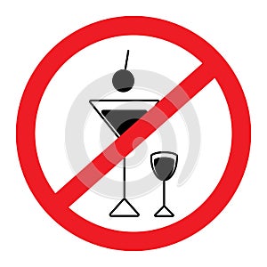 Prohibition sign on Black and white image of glasses for alcoholic drinks. Sticker. Icon. Isolate