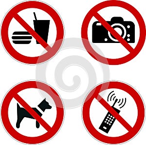 Prohibition sign icon set food, dog, phone, cmaera vector i