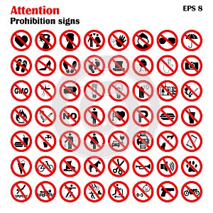 Prohibition sign icons collection, set of vector illustration on white. Red forbidden circle