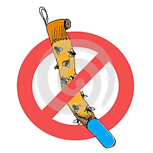 Prohibition sign to use sticky tape for flies. Vector illustration icon of adhesive ribbon trap with glued flies. Forbidden sign