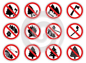 Prohibition signs of action in forest with trees, set, vector.