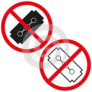 Prohibition signs for blades and razors. No sharp objects allowed symbols. Vector caution icons.