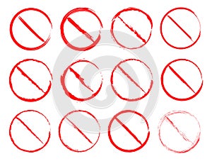 Prohibition symbol in grunge style. Not allowed sign set. Crossed red circle - forbidden icon. Vector illustration isolated on