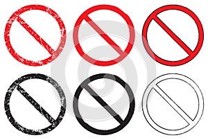 Prohibition symbol set. No sign collection. Denied icon. Red and black forbidden or not allowed logo.