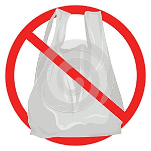Prohibition vector sign against plastic bags poster isolated on white. Disposable plastic, cellophane, polyethylene