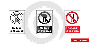 Prohibitory sign no food in this area icon of 3 types color, black and white, outline. Isolated vector sign symbol