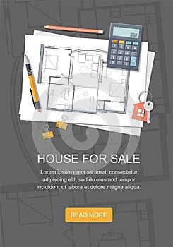 Project architect house plan with tools. Key with symbol of house. Construction background.