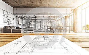 The project blueprint is on a drawing table isolated on white and has a clip