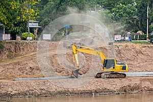 Project construction river dam concrete wall protect river shore crack from water