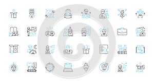 Project coordination linear icons set. Planning, Organization, Collaboration, Communication, Leadership, Logistics