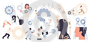 Project development process and success business strategy, tiny people work with gears