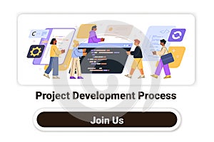 Project development process team collaboration coding people working on software colorful background website design