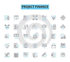 Project finance linear icons set. Funding, Investment, Capital, Risk, Debt, Equity, Cashflow line vector and concept