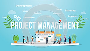 Project management concept with business calendar and team people meeting together - vector