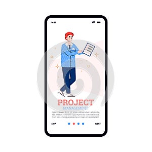 Project management concept of onboarding mobile page flat vector illustration.