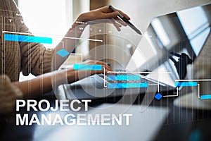 Project management concept, time and human resources, risks and quality and communication with icons on virtual screen.