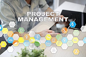 Project management concept, time and human resources, risks and quality and communication with icons on virtual screen.