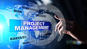 Project management diagram on virtual screen. Business, Finance and technology concept.