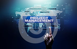 Project management diagram on virtual screen. Business, Finance and technology concept.