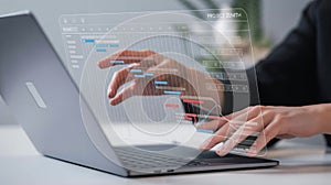 Project Management Gantt Chart: Modern Businesswoman Analyzing Data on Laptop Screen