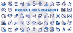 Project management icons in line design blue. Business, work, office, analysis, plan, development, digital, chart