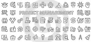 Project management icons in line design. Business, work, office, analysis, plan, development, digital, chart, process