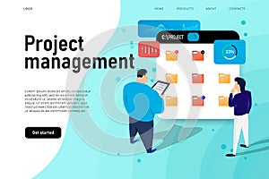 Project management illustration concept, two project members manage the folders with project information.