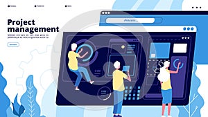 Project management landing. Tiny guys manage charts on dashboard, people projecting software. Teamwork brainstorming