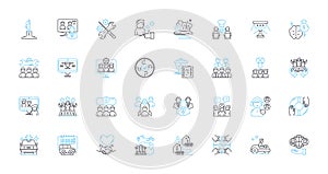 Project management linear icons set. Planning, Execution, Scope, Constraints, Budgeting, Collaboration, Stakeholders