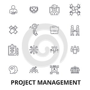 Project management, project, plan, consulting, chart, construction, engineering line icons. Editable strokes. Flat