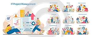 IT project management set. Stages from planning to execution displayed in sequential illustrations.