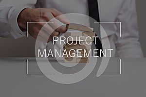 Project management text over businessman building a tower of wooden pegs