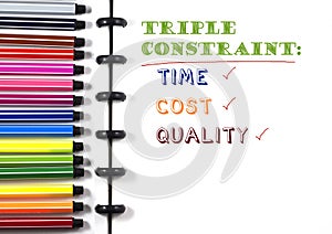 Project Management Triple constraint text on white sketchbook with color pen, top view